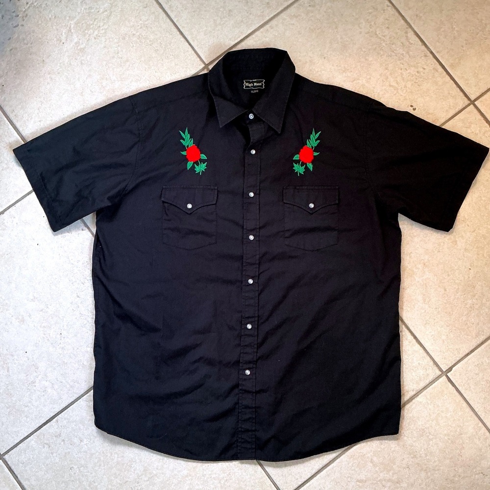 High Noon Country Western Shirt Women XL Black Red Rose Embroidered Pearl Snap